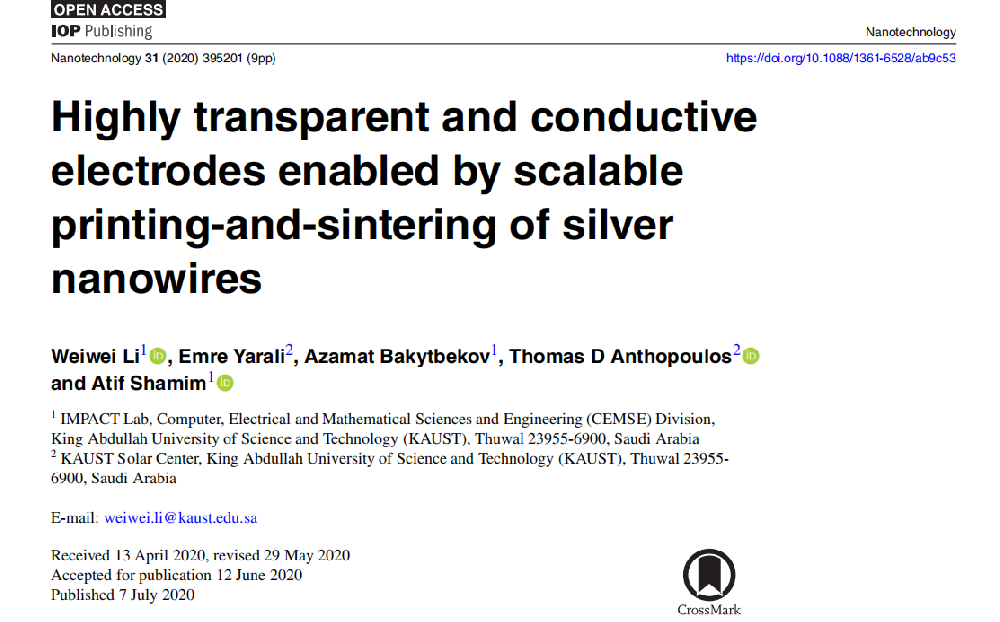《Nanotechnology》：通過可擴(kuò)展的銀納米線印刷和燒結(jié)實現(xiàn)高度透明和導(dǎo)電電極